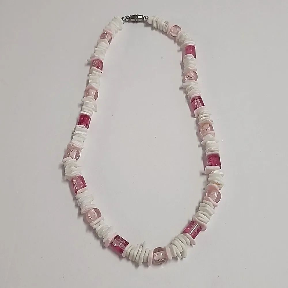 Puka Shell Confetti Glitter Sparkle Necklace Barrel Clasp Pink White Womens Girl